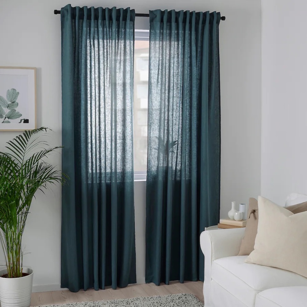 Pair Ikea DYTÅG Dytag Linen Curtains Indigo Blue 57" x 98" Perfect Condition
